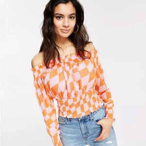 Share Bar III Women’s Smocked Off Shoulder Top Size Large Modern Print Blouse